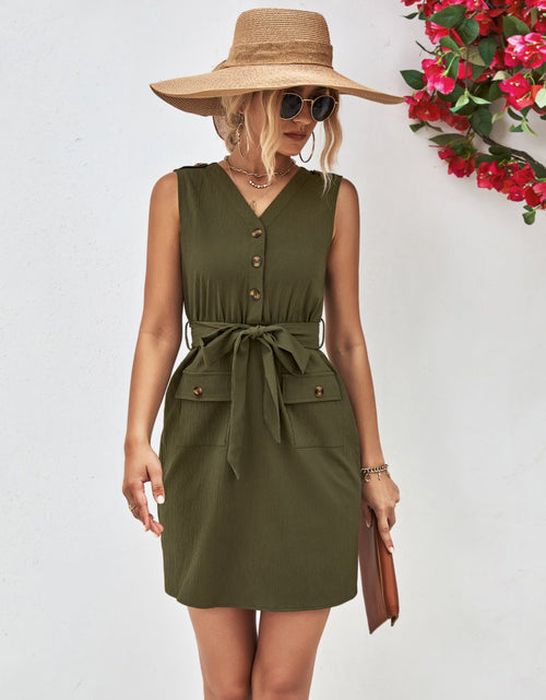 Load image into Gallery viewer, Buttoned V-Neck Belted Sleeveless Dress
