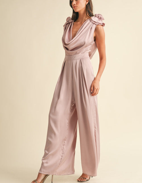 Load image into Gallery viewer, MABLE 3D Floral Applique Deep Cowl Neck Jumpsuit
