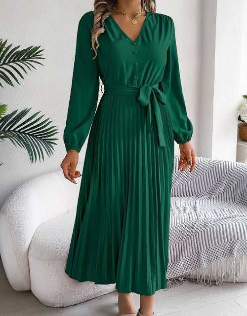Load image into Gallery viewer, Pleated Tied V-Neck Long Sleeve Dress

