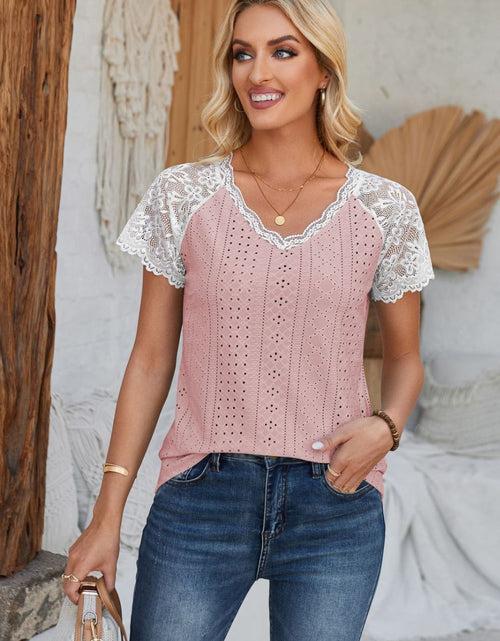 Load image into Gallery viewer, Eyelet V-Neck Lace Short Sleeve T-Shirt
