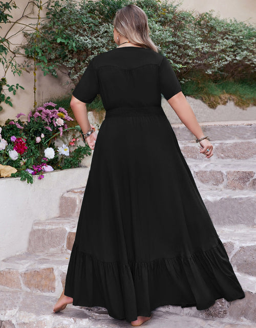 Load image into Gallery viewer, Plus Size Ruffled Hem Button Down V-Neck Short Sleeve Maxi Dress
