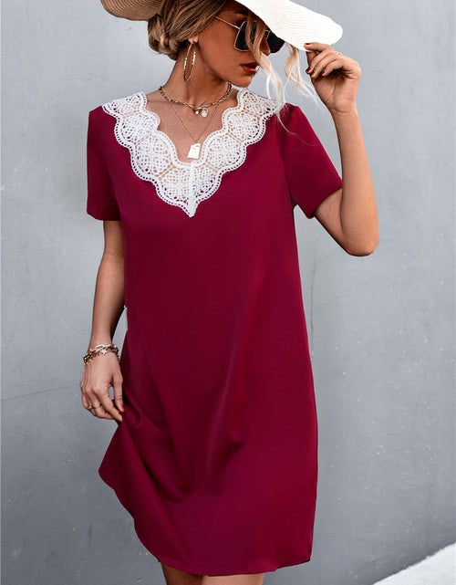 Load image into Gallery viewer, Spliced Lace Contrast Short Sleeve Dress
