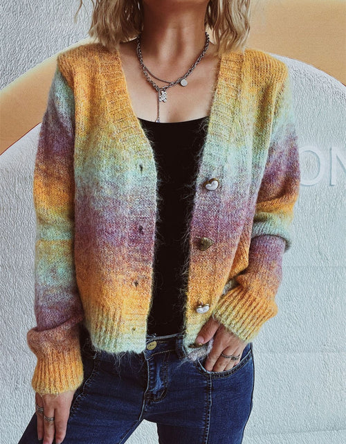 Load image into Gallery viewer, Gradient Heart Shape Button V-Neck Cardigan
