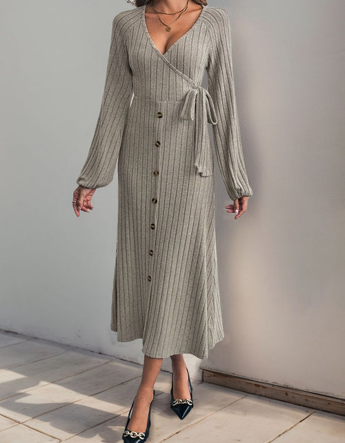Load image into Gallery viewer, Perfee Ribbed Tied Surplice Long Sleeve Dress
