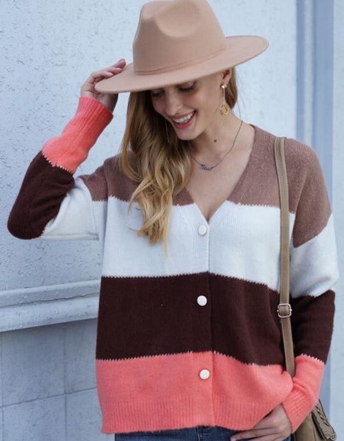 Load image into Gallery viewer, Woven Right Color Block V-Neck Button Down Cardigan
