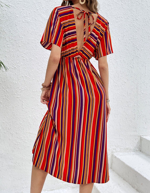 Load image into Gallery viewer, Perfee Slit Striped V-Neck Short Sleeve Midi Dress
