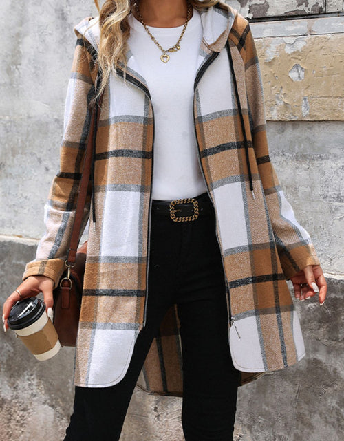 Load image into Gallery viewer, Drawstring Plaid Zip Up Long Sleeve Hooded Outerwear
