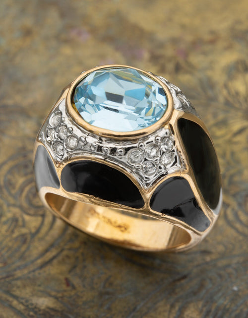 Load image into Gallery viewer, Vintage Ring 1980s Black Enamel Ring with Ruby Cabochon Stone Surrounded by Clear Crystals (6) by PVD Vintage Jewelry
