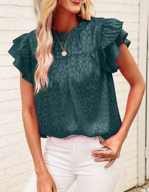 Load image into Gallery viewer, Leopard Frill Mock Neck Ruffled Cap Sleeve Top
