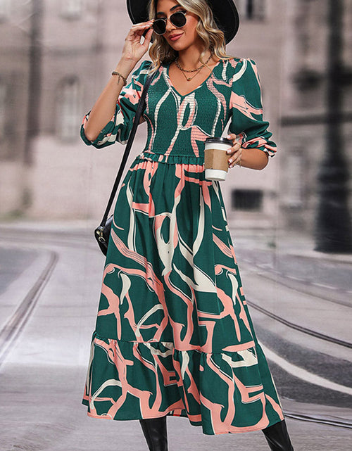 Load image into Gallery viewer, Perfee Printed Smocked V-Neck Three-Quarter Sleeve Midi Dress
