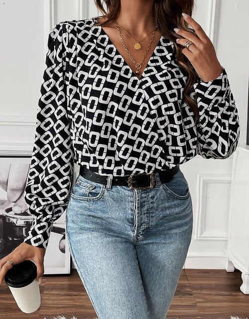 Load image into Gallery viewer, Geometric V-Neck Long Sleeve Blouse
