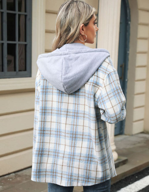 Load image into Gallery viewer, Drawstring Plaid Button Up Hooded Jacket
