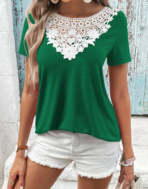 Load image into Gallery viewer, Ivy Lane Spliced Lace Contrast Short Sleeve Top

