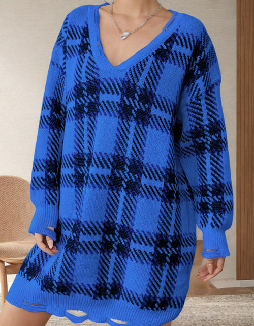 Load image into Gallery viewer, Distressed Plaid V-Neck Long Sleeve Sweater Dress
