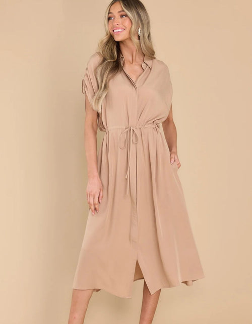 Load image into Gallery viewer, Drawstring Collared Neck Short Sleeve Midi Dress
