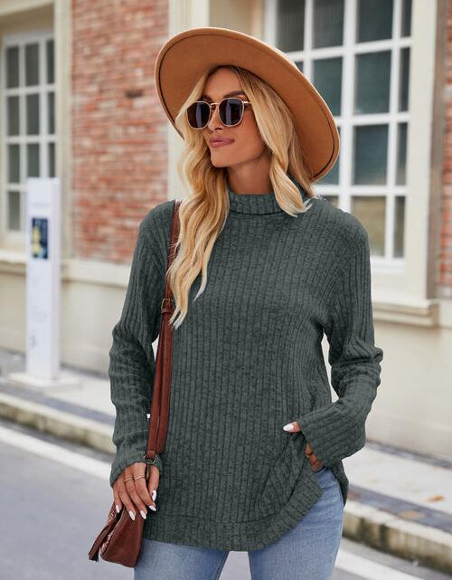 Load image into Gallery viewer, Ribbed Turtleneck Long Sleeve Slit Knit Top
