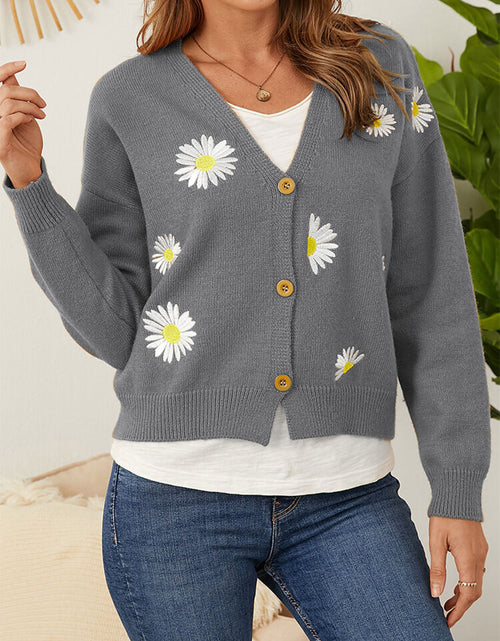 Load image into Gallery viewer, Flower Button Front Dropped Shoulder Cardigan
