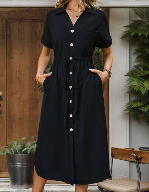 Load image into Gallery viewer, Perfee Slit Drawstring Button Up Short Sleeve Midi Dress
