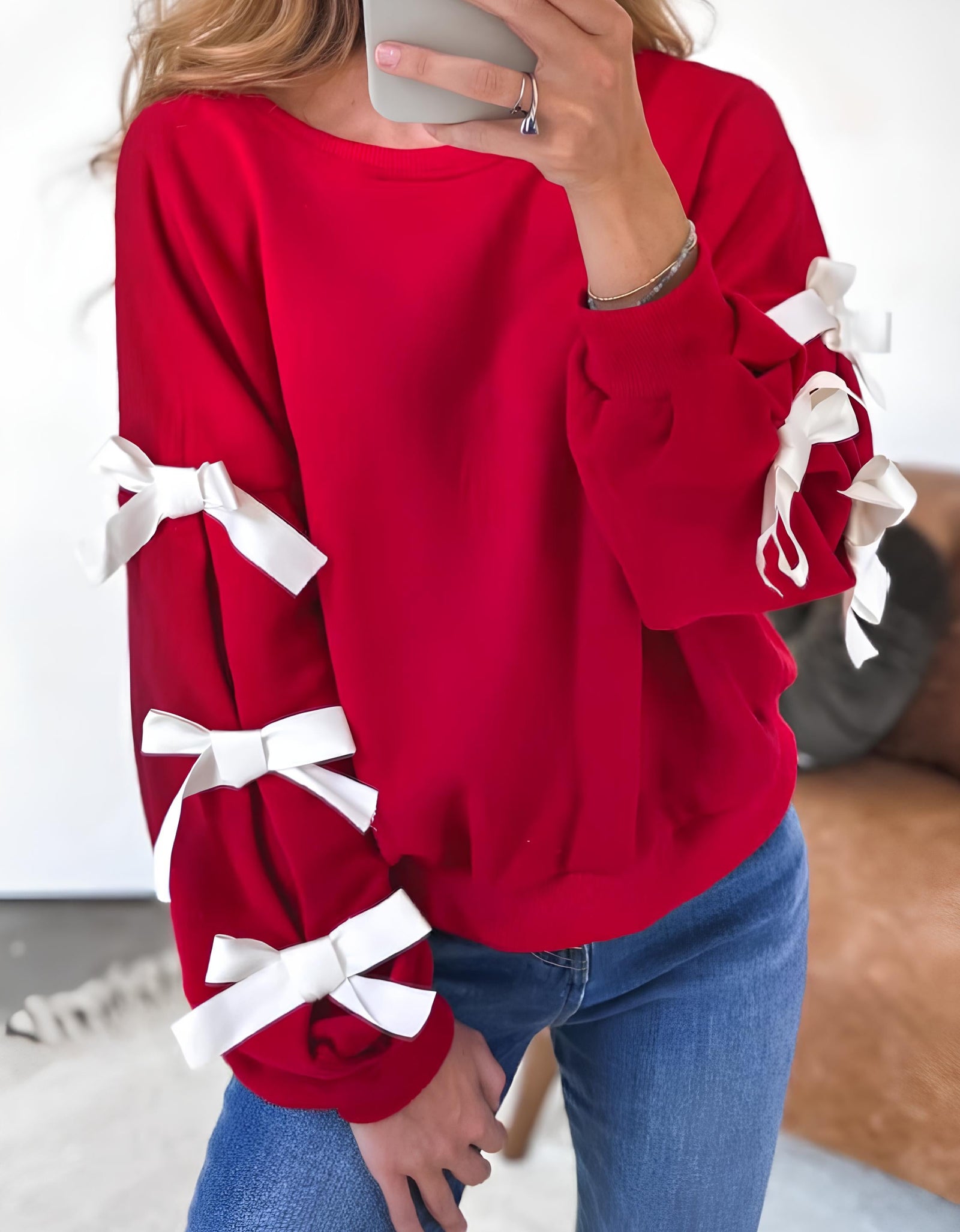 Contrast Bow Round Neck Long Sleeve Sweatshirt