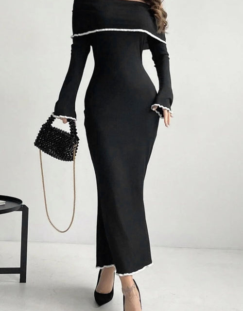 Load image into Gallery viewer, Contrast Trim Off-Shoulder Long Sleeve Maxi Sweater Dress
