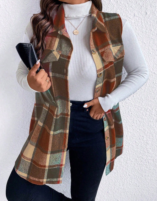Load image into Gallery viewer, Honey Plus Size Pocketed Plaid Button Up Vest Coat
