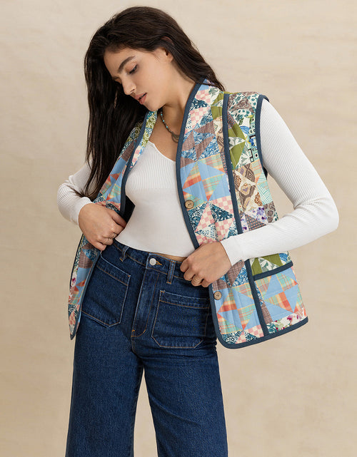Load image into Gallery viewer, Printed Patchwork Contrast Piping Vest
