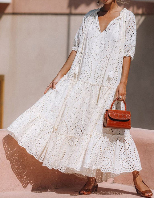 Load image into Gallery viewer, Tie Neck Half Sleeve Tiered Dress
