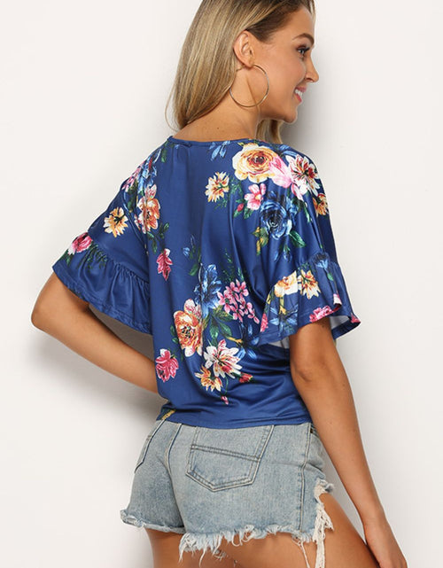 Load image into Gallery viewer, Shiny Floral Tie Hem Flounce Sleeve Top
