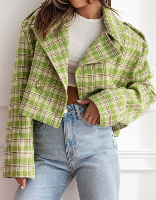 Load image into Gallery viewer, Lapel Collar Plaid Cropped Jacket
