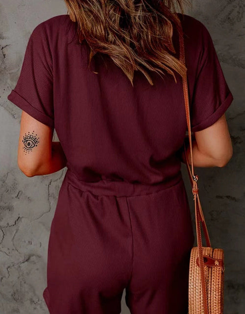 Load image into Gallery viewer, Full Size Drawstring V-Neck Short Sleeve Romper
