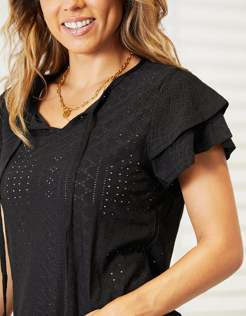 Load image into Gallery viewer, Mandy Eyelet Tie-Neck Flutter Sleeve Blouse
