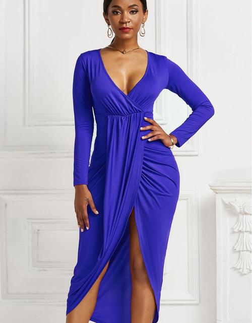 Load image into Gallery viewer, High-low Ruched Surplice Long Sleeve Dress

