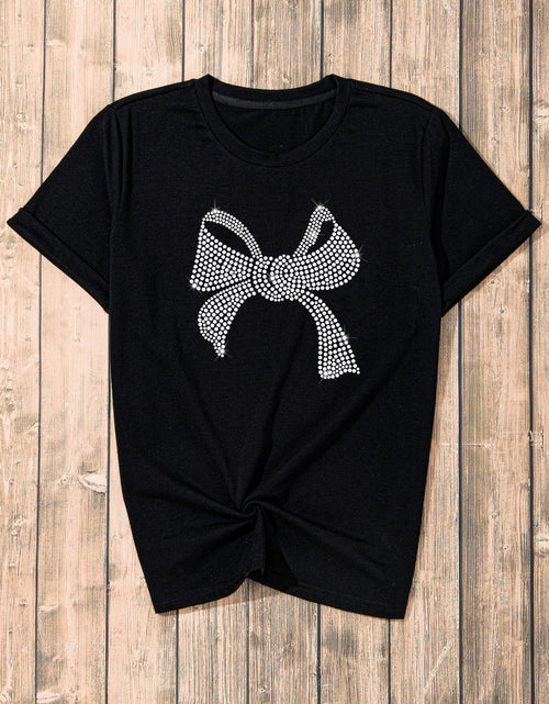 Load image into Gallery viewer, Rhinestone Bow Graphic Round Neck Short Sleeve T-Shirt
