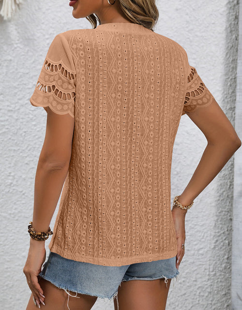 Load image into Gallery viewer, Full Size Eyelet Round Neck Short Sleeve Top
