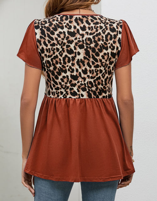 Load image into Gallery viewer, Leopard Round Neck Flutter Sleeve Babydoll Blouse
