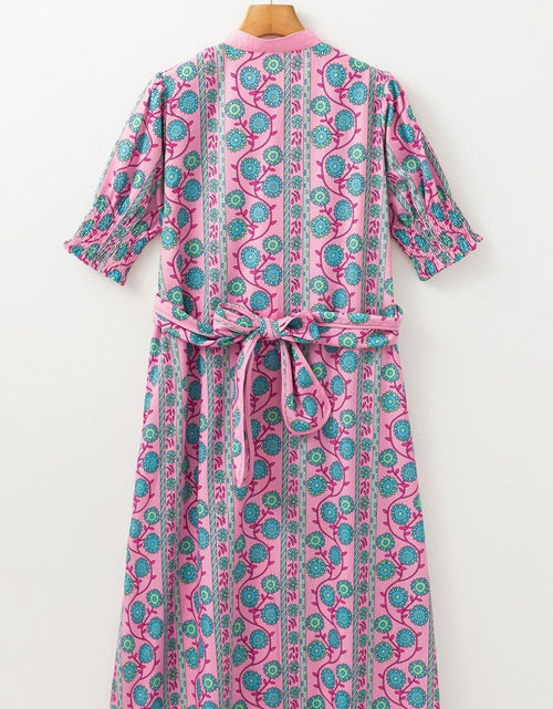 Load image into Gallery viewer, Printed Shirred Sleeve Buttoned Front Midi Dress with Sash
