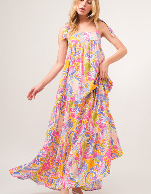 Load image into Gallery viewer, And The Why Full Size Printed Tie Shoulder Tiered Maxi Dress
