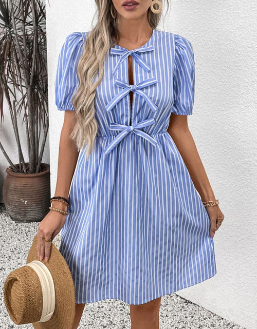 Load image into Gallery viewer, Perfee Tied Striped Short Sleeve Mini Dress
