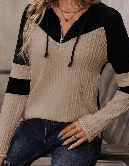 Load image into Gallery viewer, Drawstring Quarter Zip Contrast Long Sleeve Hoodie
