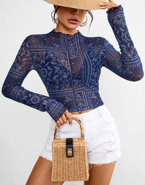 Load image into Gallery viewer, Paisley Mock Neck Long Sleeve Sheer Top
