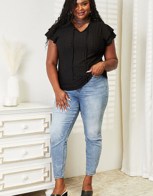 Load image into Gallery viewer, Mandy Eyelet Tie-Neck Flutter Sleeve Blouse
