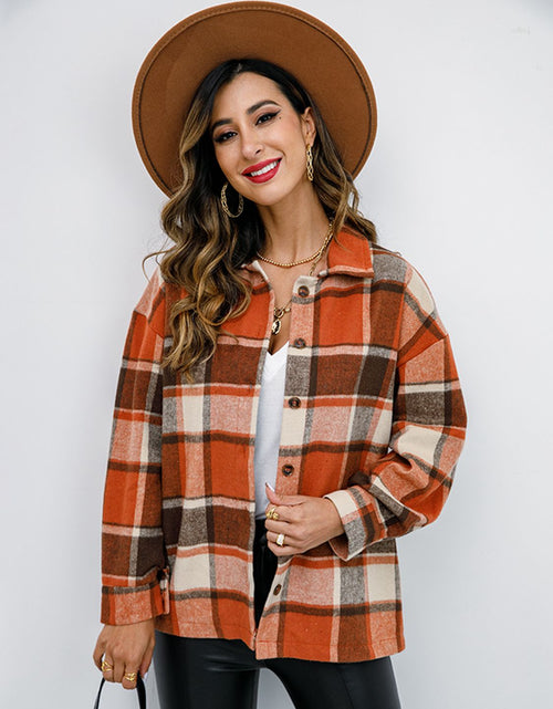 Load image into Gallery viewer, Shiny Plaid Button Up Collared Neck Jacket
