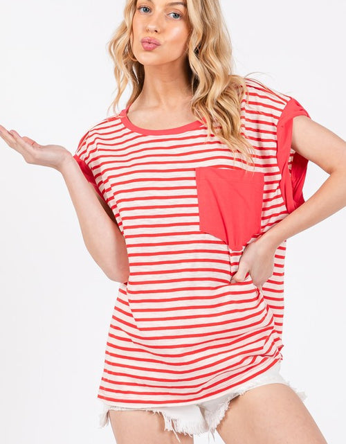 Load image into Gallery viewer, Ces Femme Side Slit Striped Cap Sleeve T-Shirt
