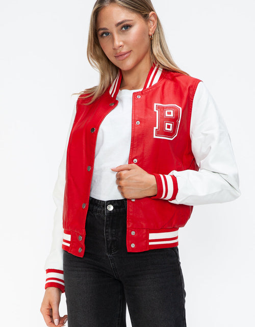 Load image into Gallery viewer, Love Me Now PU Leather Contrast Snap Down Bomber Jacket
