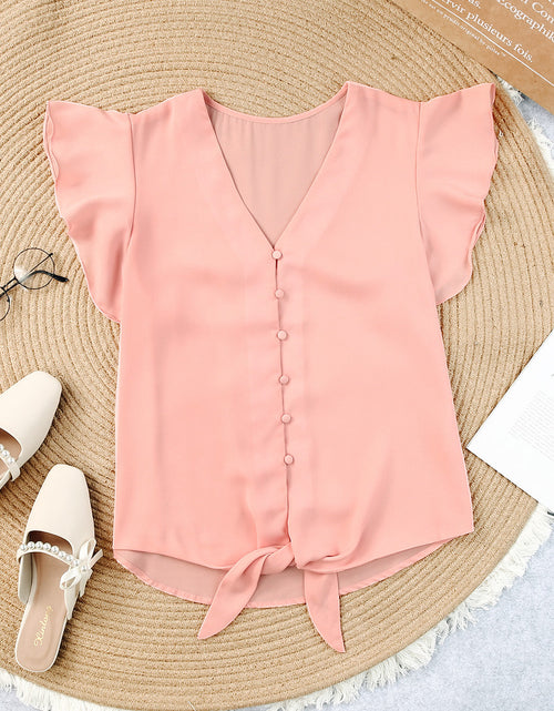 Load image into Gallery viewer, V-Neck Tie Hem Flutter Sleeve Blouse
