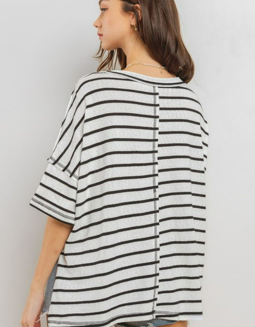 Load image into Gallery viewer, Ces Femme Side Slit Striped Round Neck Half Sleeve T-Shirt
