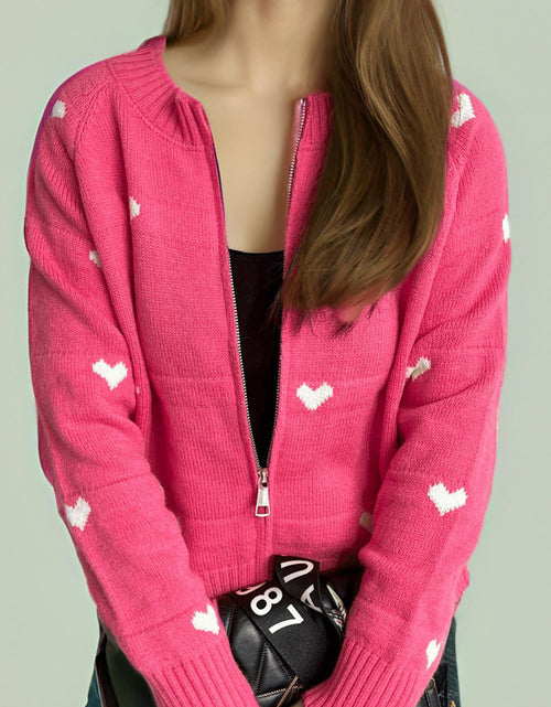 Load image into Gallery viewer, Heart Round Neck Zip Up Cardigan
