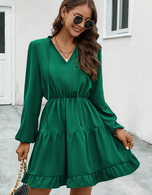 Load image into Gallery viewer, V-Neck Tie Neck Long Sleeve Dress
