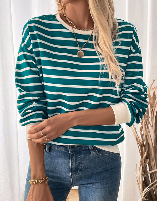 Load image into Gallery viewer, Perfee Striped Contrast Round Neck Long Sleeve Sweatshirt
