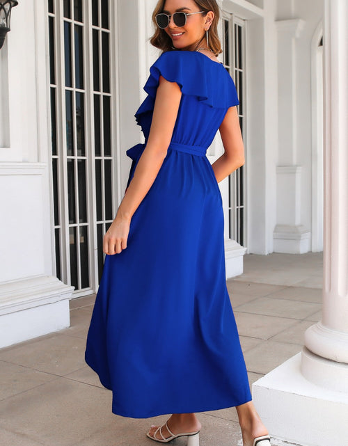 Load image into Gallery viewer, Ruffled Surplice Tie Waist Slit Midi Dress
